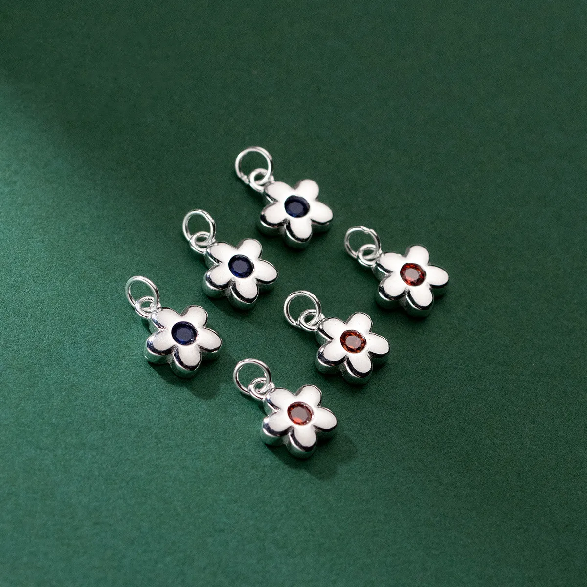 Wholesale 925 Sterling Silver Red Blue Zircon Flower Charms for Necklace Jewelry Making