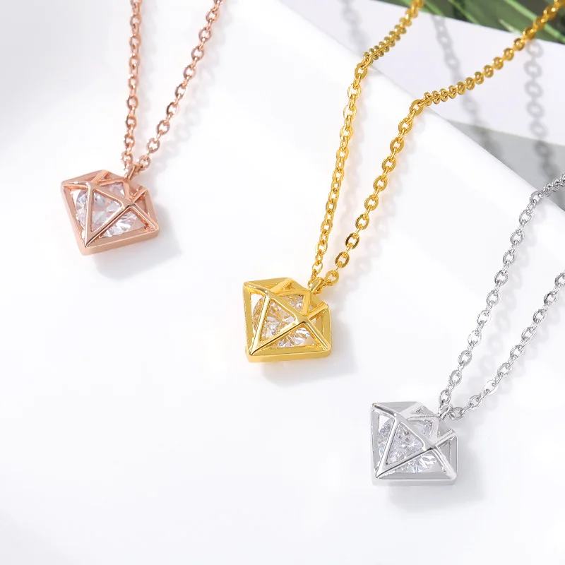 

Simple Geometric Triangle Row Zircon Women's Necklace Collarbone Chain Queen Hollowed out Pendant Steel Material for Men's Gift