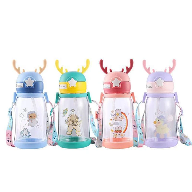 

J615 Portable Cute Cartoon Children Water Bottle Deer Horn Silicone Straw Plastic Cup Straps Water Cup For Girl