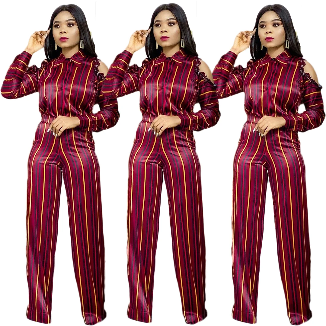 

Two-piece suit long cut out sleeve turn down collars red color stripe tops fashion long wide legs loose pants FM-A8205