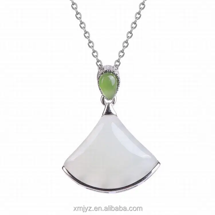 

Certified S925 Silver Inlaid Natural Hetian Jade Pendant Fan-Shaped Necklace Clavicle Chain