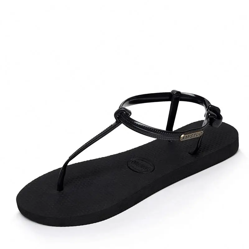 

Custom EVA Outsole T Strap Light Weight Ladies Flat Sandals, Black / beige