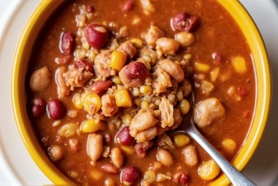 Close-up of Panera Turkey Chili showing beans, turkey, and vegetables in broth