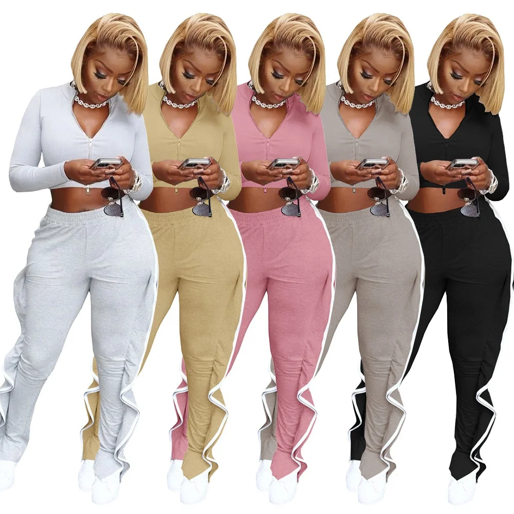 

KX-M9028 Top selling v-neck stack pants fall set ruffled high waist womans clothing 2 piece two piece set