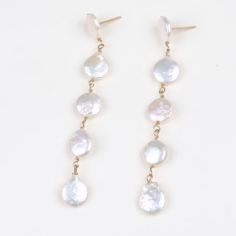 

High quality long style freshwater pearl earrings long beaded pearl stud earrings for woman, White