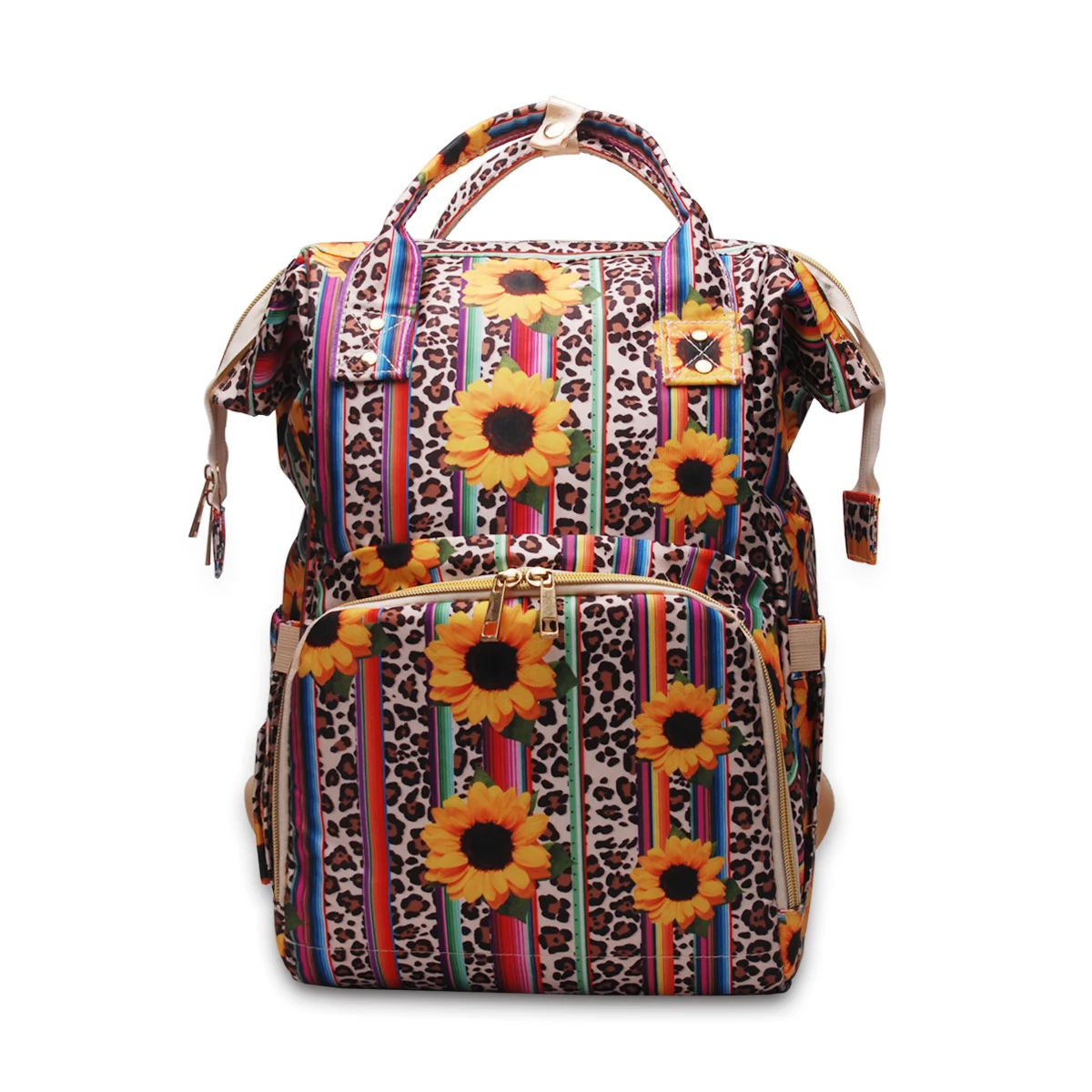 

Ready to ship Hot Sale Canvas Customized Leopard Stripes Sunflower Diape Mummy Functional Brown Backpack DOM1276