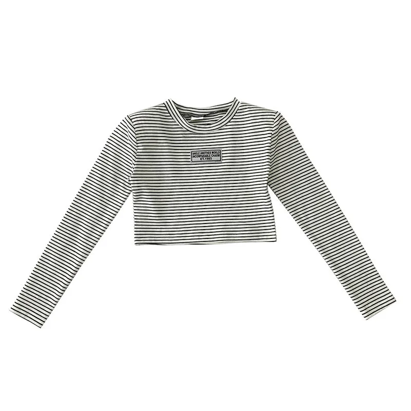 

H885 spring new arrival fashion baby girls long sleeve stripe shirt 4-12 years big kids crop top multi color children clothing