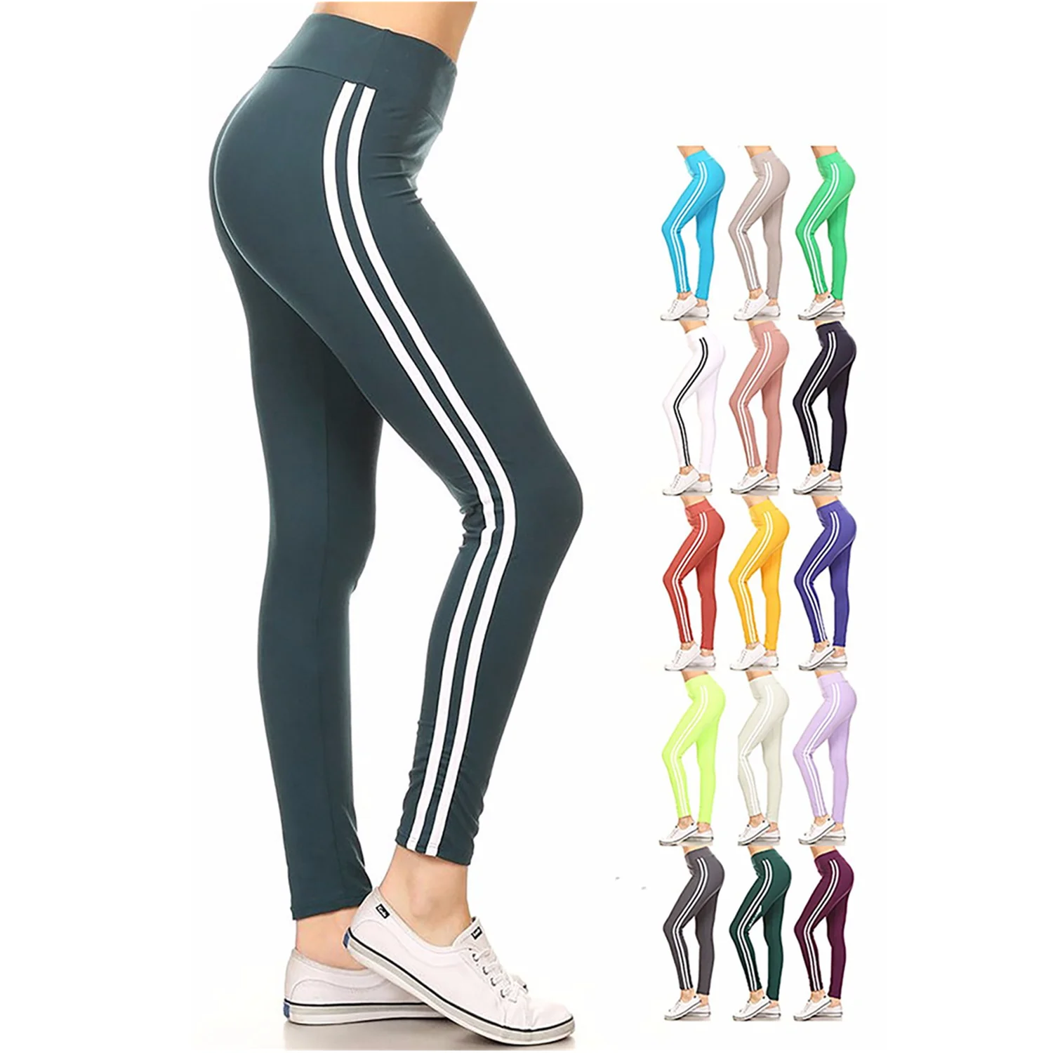 

High Waist Yoga Band Good Stretch Casual Pants Solid Plain Color Basic Tights Private Label White Striped Girls Cotton Leggings, Customized colors