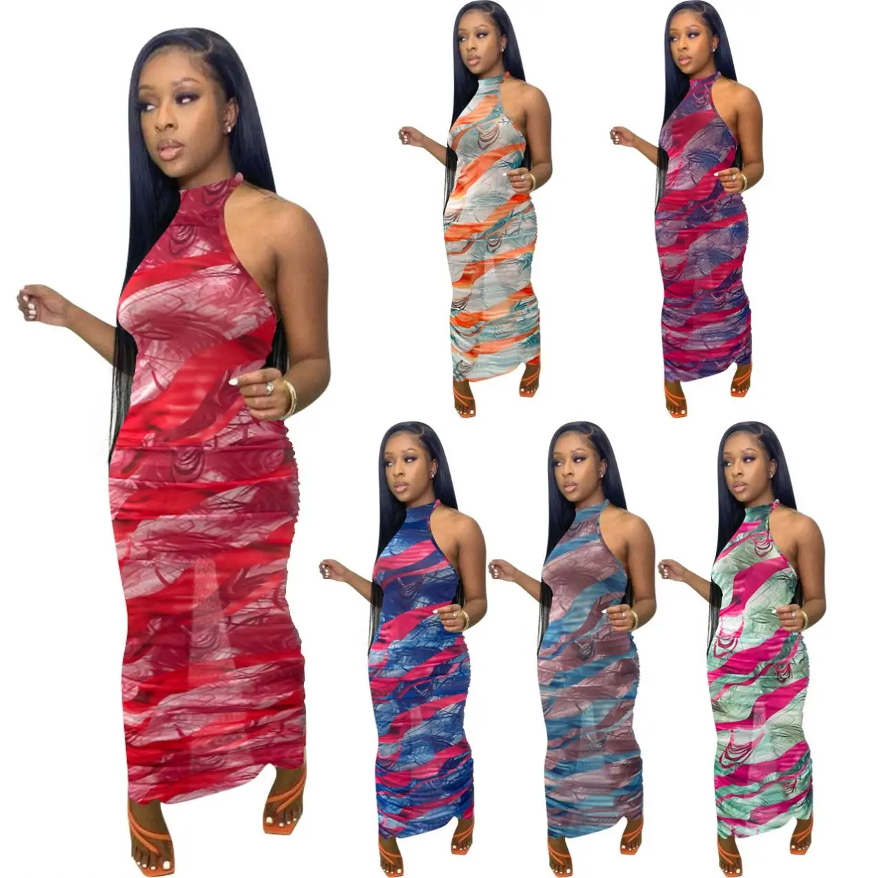 

Sexy Ladies Transparent Mesh Bandage Printed Dresses Summer Long Skirt Bodyconwomen Outfits Elegant Casual Maxi, Same as the picture