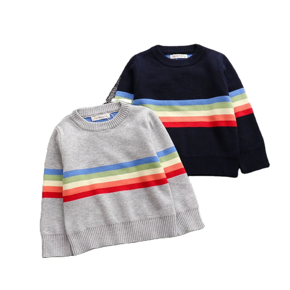 

new Korean version of the colorful striped rainbow double knitted pullover sweater for children, Pictures shows