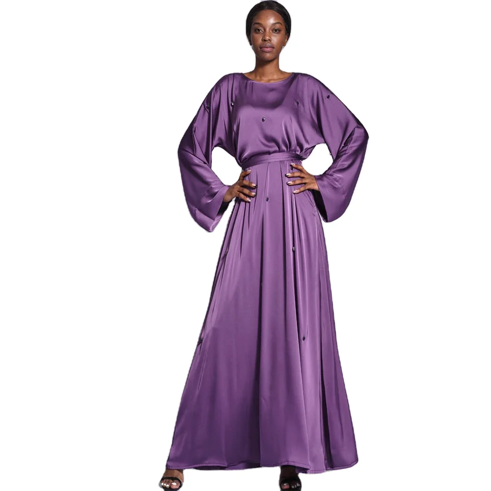 

Bicomfort Stylish New Matte Satin Abaya Dress Rhinestone Robe Longue Modest Elegant Casual Kaftan Muslim Long Gown for Eid Dubai