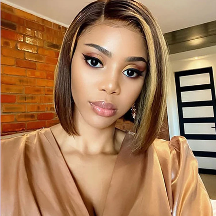 

Short Straight Bob Preplucked Lace Closure Highlight Wigs Human Hair Lace Front Brazilian Wigs With Baby Hair