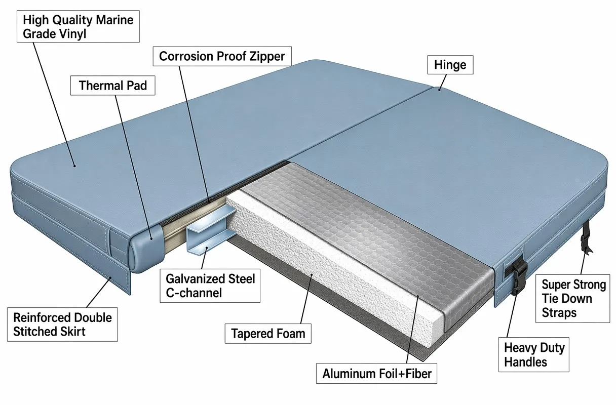Spa cover cutaway showing all internal components including C-channel support