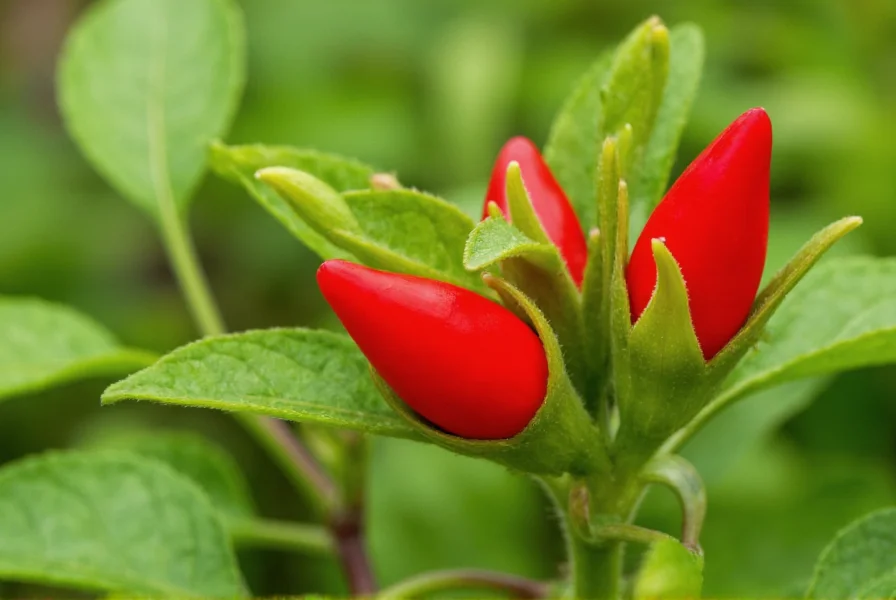 Close-up photograph of Carolina Reaper peppers showing their distinctive red color and stinger tail on green plant