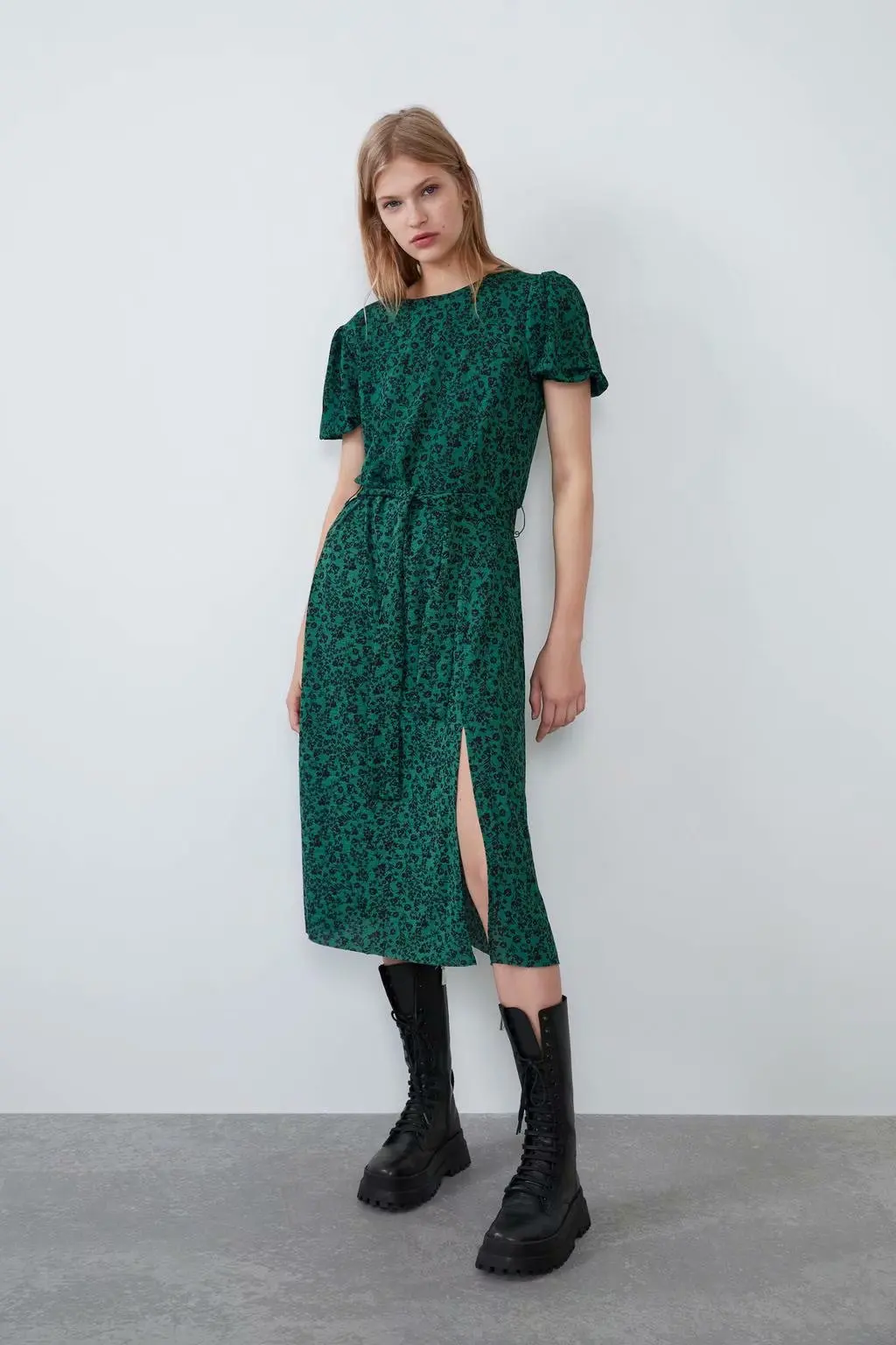 
2019 autumn winter splits high quality poly crepe floral printed high street wear short sleeve long dress women 