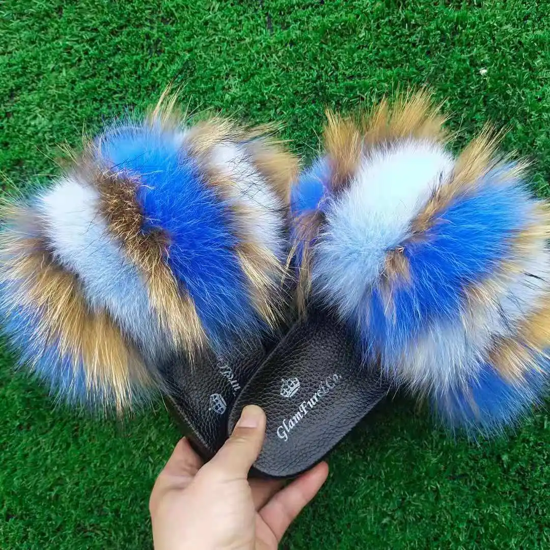 

Real fur slides fur slippers flat slippers women fluffy fox fur, Customized color