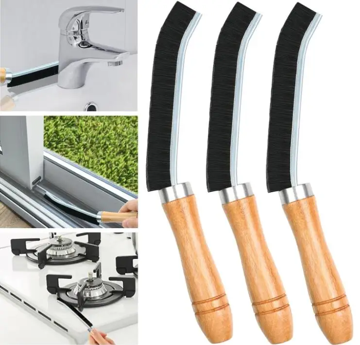 

Hot selling multifunctional wooden handle bathroom window dead corners cleaning hard-bristled gap 3pcs crevice cleaning brush