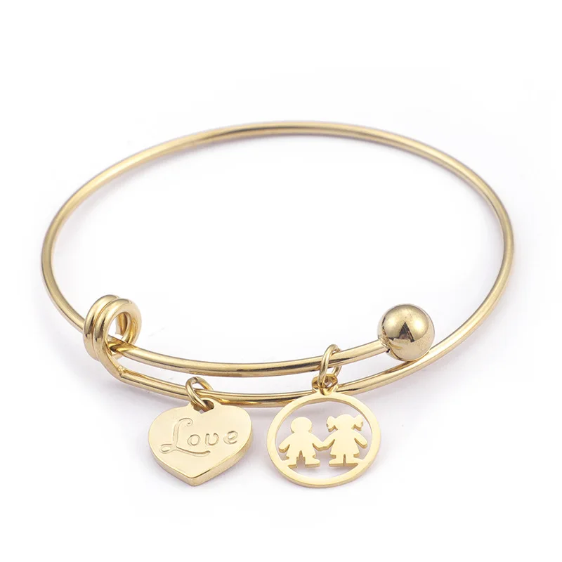 

Love Charm Little Girl and Boy Round Dsic Heart Accessories Wholesale Bracelet Gift Stainless Steel Expandable Wire Bangle, Gold color