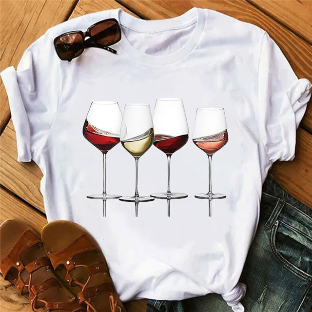 

2021 Spring and Summer New Fashion Red Wine Glass Print Short-sleeved Top T-shirt Women, Picture color