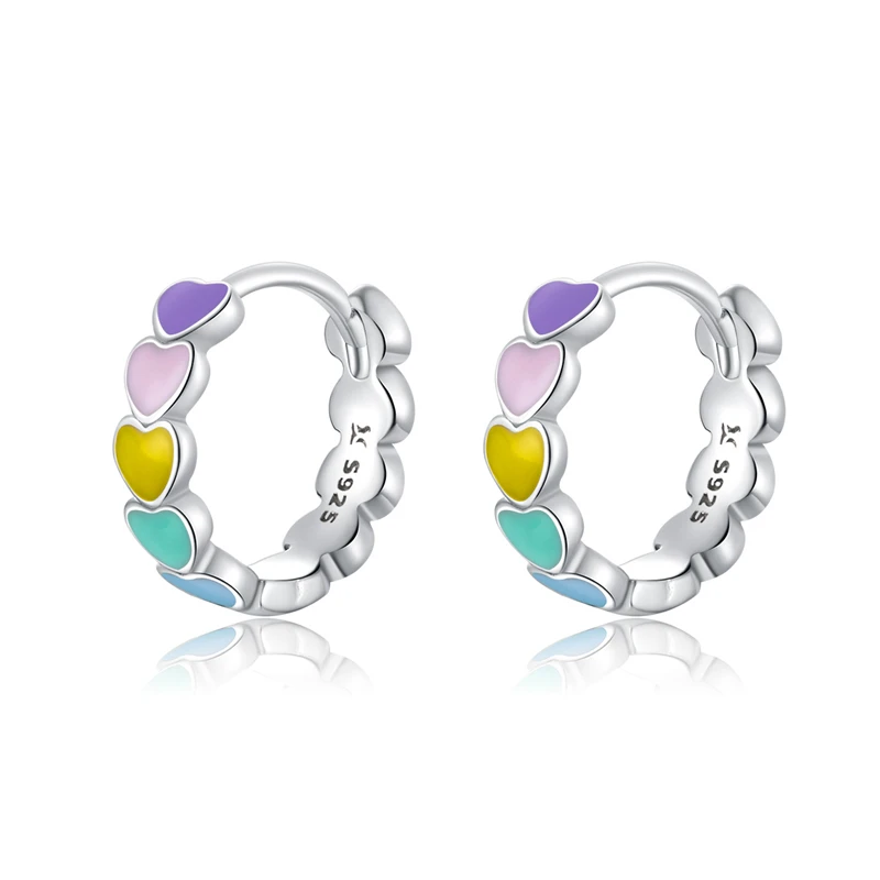 

Genuine 925 Sterling Silver Rainbow Color Enamel Heart Hoop Earrings