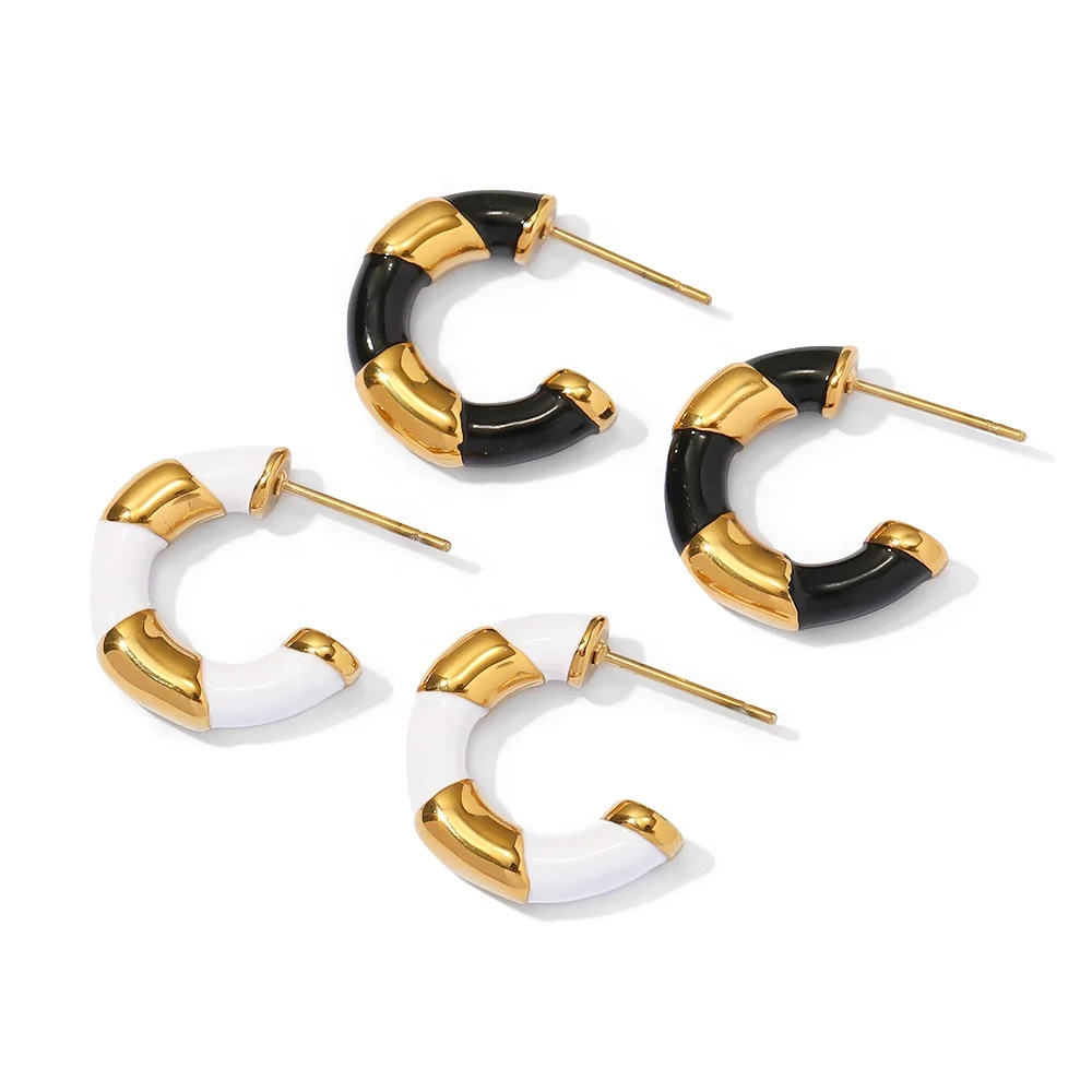 18k Gold Plated Stainless Steel Enameled Contrast Circle Color Trendy Hoop Earring Black And White