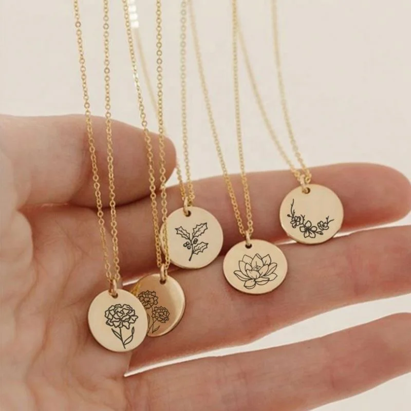 

Personalized Jewelry 18K Gold Stainless Steel Engraved Birth Month Flower Necklace Birthday Gift