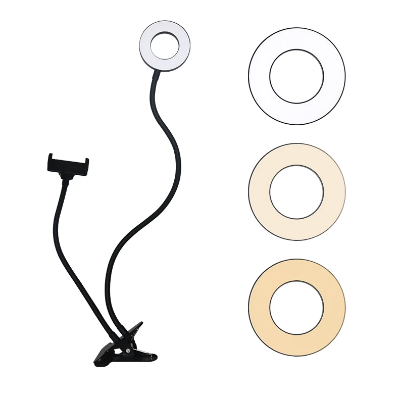 

Multifunctional Mini 3.5 inch 9cm Desk Flexible Hose 2 In 1 Selfie Ring LED Ring Light With Cell Phone Holder Stand, Warm white+soft white+natural light