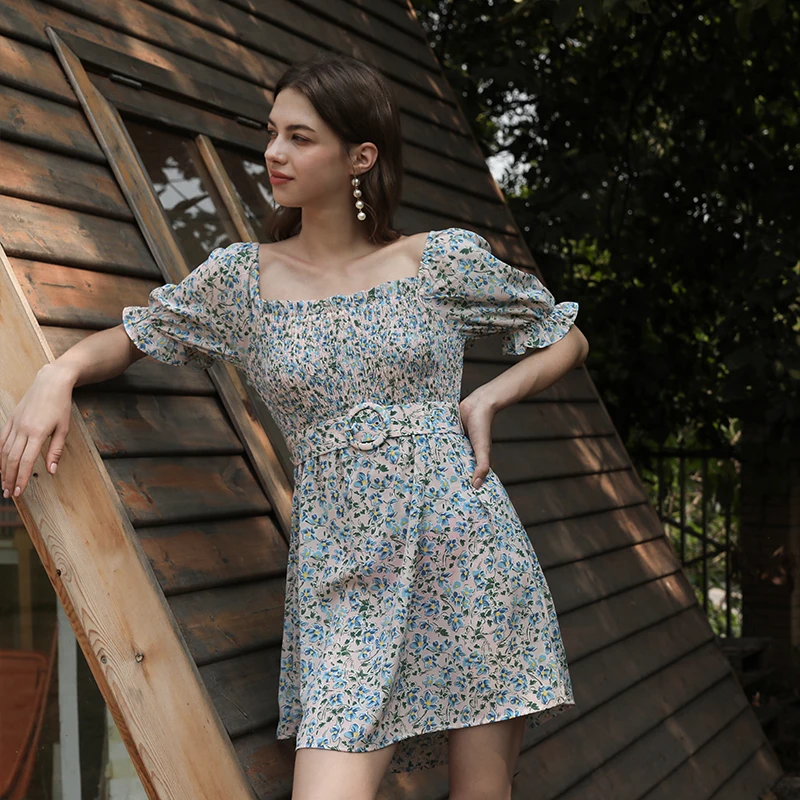 

Cool Summer Style Fashion Loose Casual Short Square Collar Daisy Floral Knot Dress, Customized color