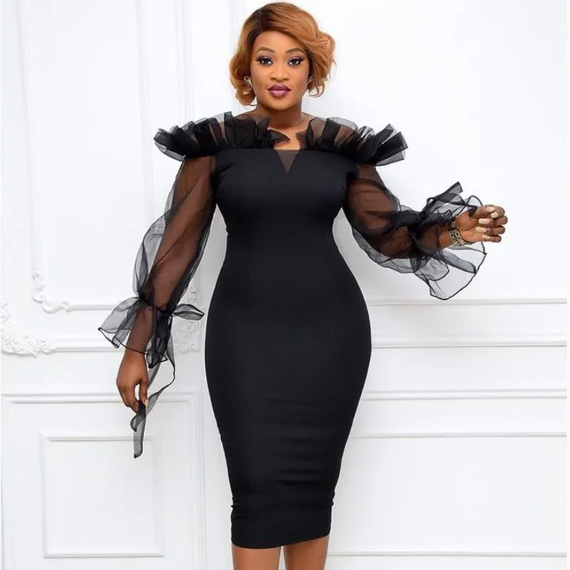 

Sexy Mesh Transparent See Through Women Dress Long Sleeve Sexy Bodycon Party Dress, Black