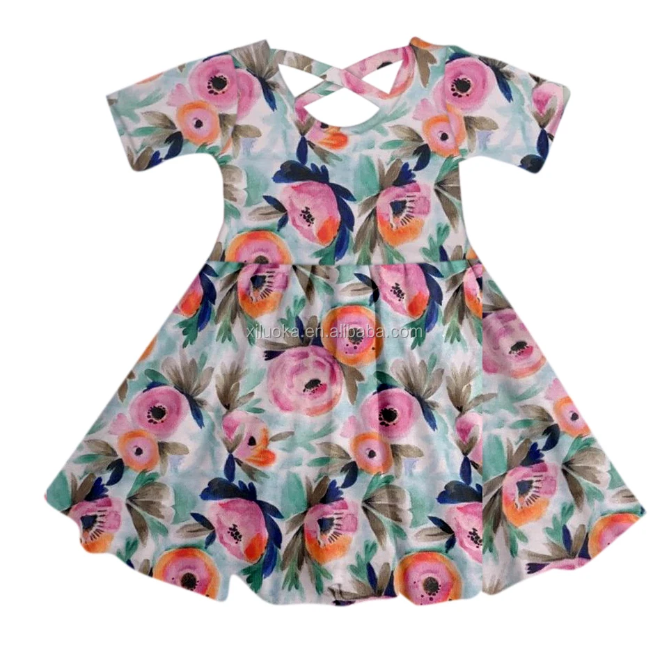

Wholesale Price Floral Print Girl Boutique Twirl Dresses Short Sleeve Children Dress, Picture