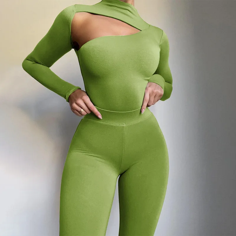 

2022 New arrivals fashionable women sexy o neck long sleeve hollow out top with pants 2 piece outfit sets