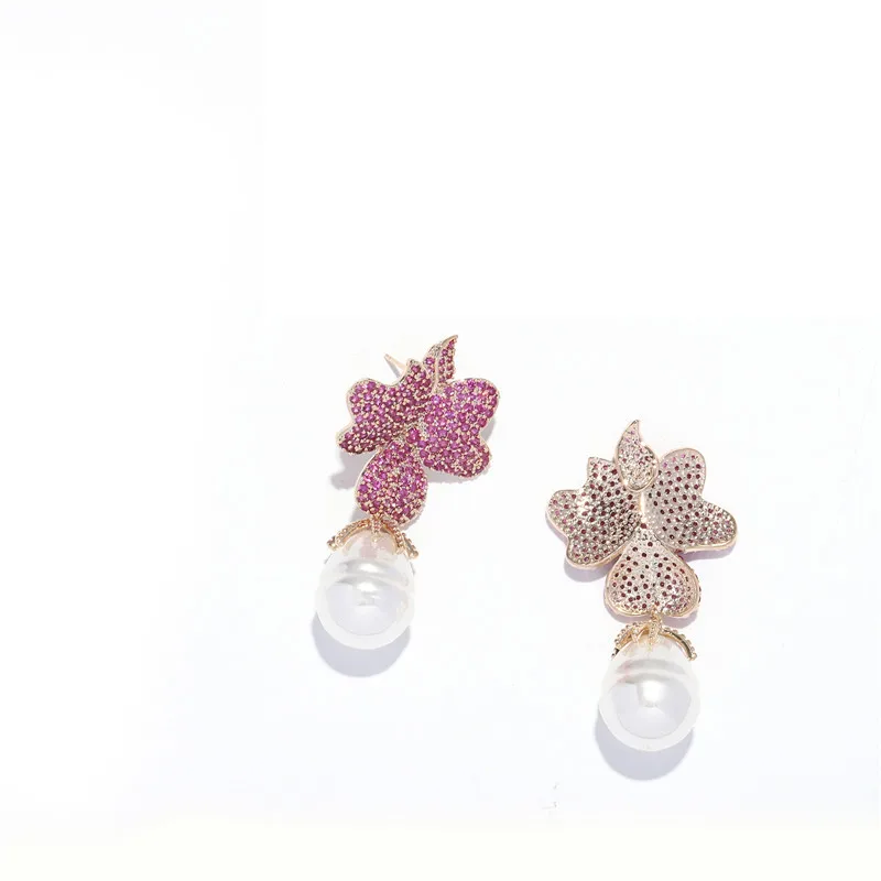 

Flower Pearl Earring Stud Petal Zircon Resin 2021 Top Drop Earrings, As photo