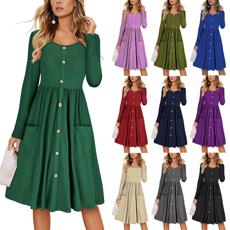 

Women's Long Sleeve Dresses Casual Button Down Midi Dress with Pockets