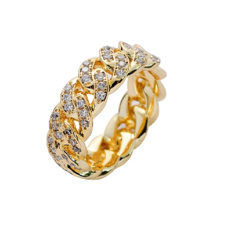 

Wholesale Iced Out Zirconia Cuban Chain Rings for Men 18K Gold Plated Cuban Ring CZ Diamond Jewelery