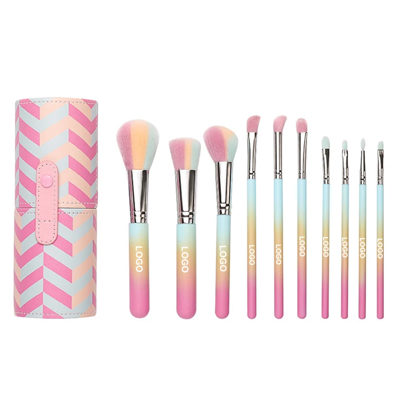 

Amazon Top Sell Gradient Color Makeup Brush Set 10 Pieces Rainbow Vegan Synthetic Hair Beauty Brush Set Custom With PU Bucket, Gradient /customized