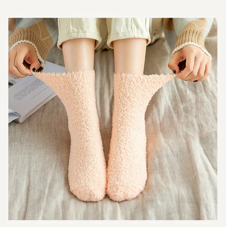 

High quality Custom Logo Socks Cozy Women Winter Socks Solid Color Coral Fleece Warm Thick Socks for Girls and boys
