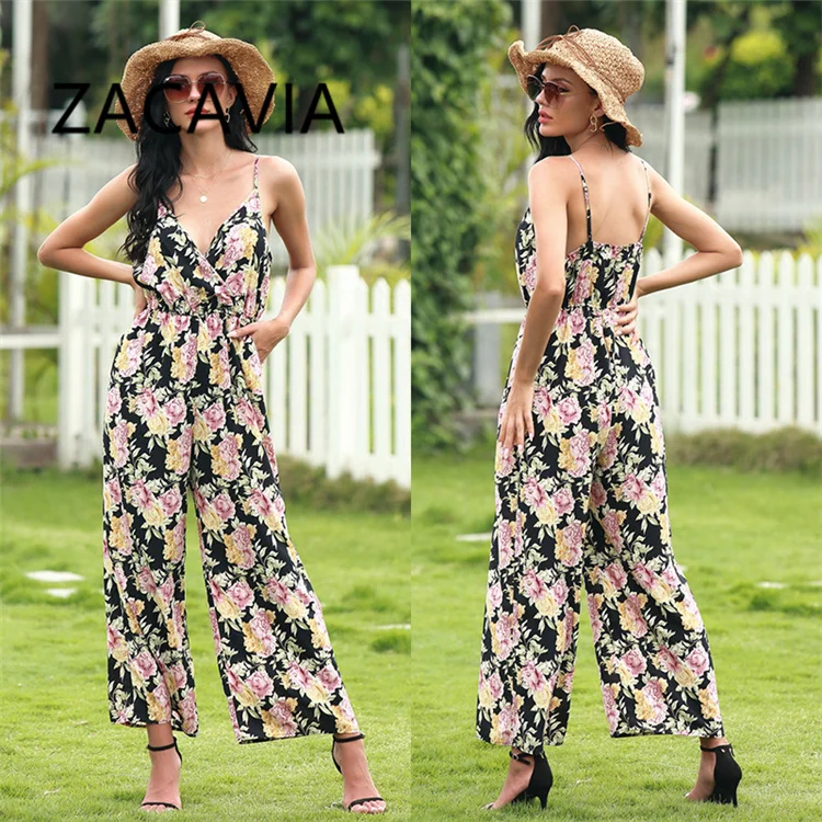 

ZACAVIA Summer Casual Elastic Waist Printed Jumpsuit Fashion V-neck Jumpsuit, Photo color