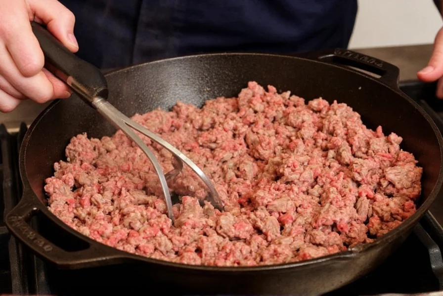 Professional chef browning ground beef in cast iron skillet for best damn chili recipe