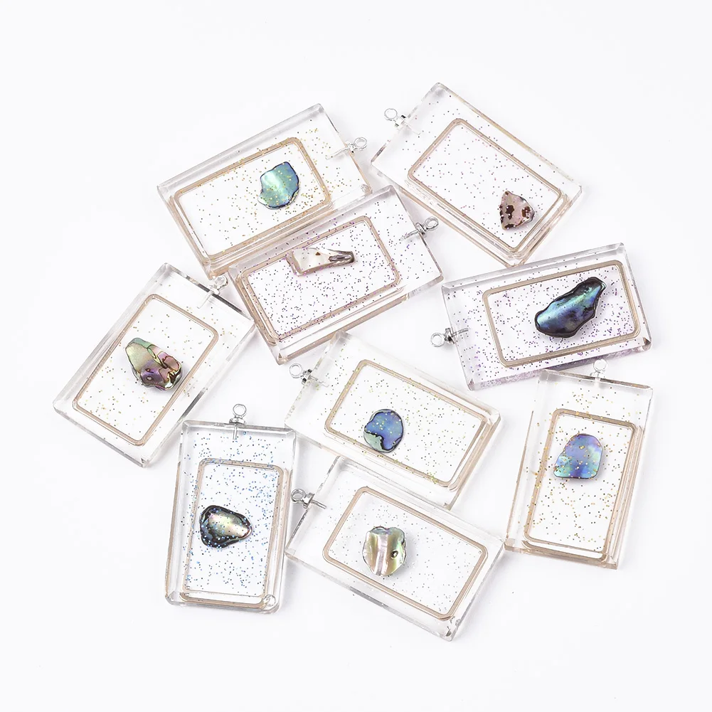 

PandaHall Rectangle Glitter Powder Shell Transparent Epoxy Resin Pendants