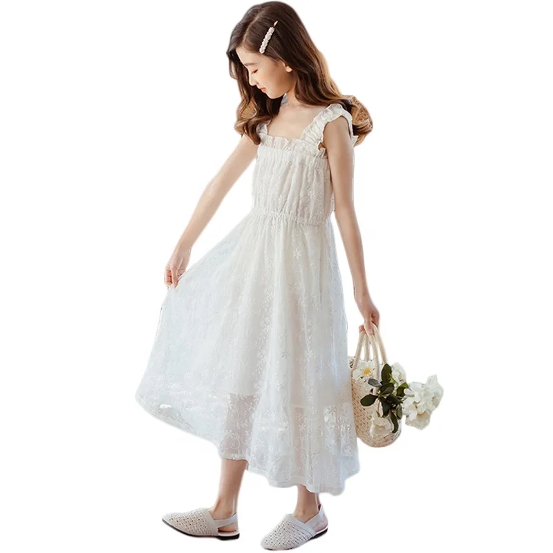 

Factory Wholesale Summer New Girls Suspender Skirts Sweet Embroidered Baby Sundress Princess Dress, White