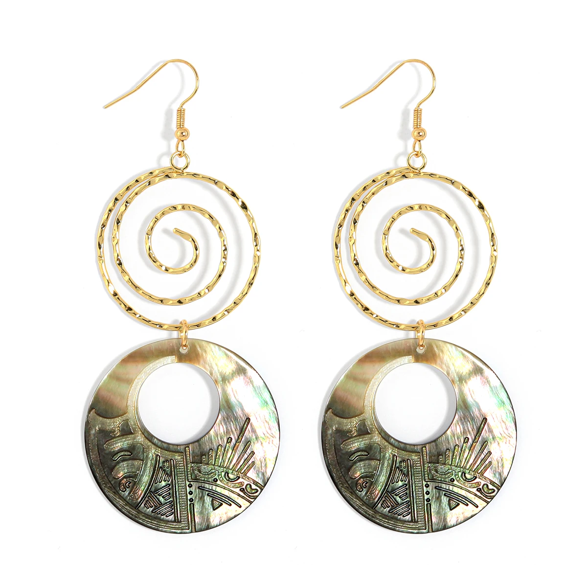 

Hawaiian custom jewelry double layers 14 karat gold jewelry wholesale mother of pearl long earrings ladies