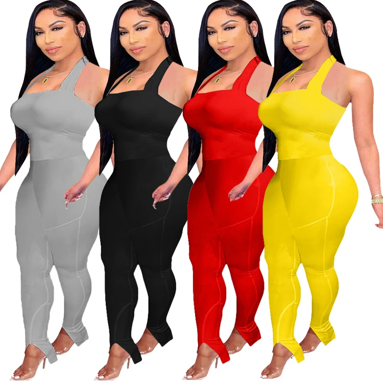 

DUODUOCOLOR Summer new style fashion slit trouser legs casual sleeveless jumpsuit long pants solid color sexy bodysuit D10525, White, yellow, red, gray, black