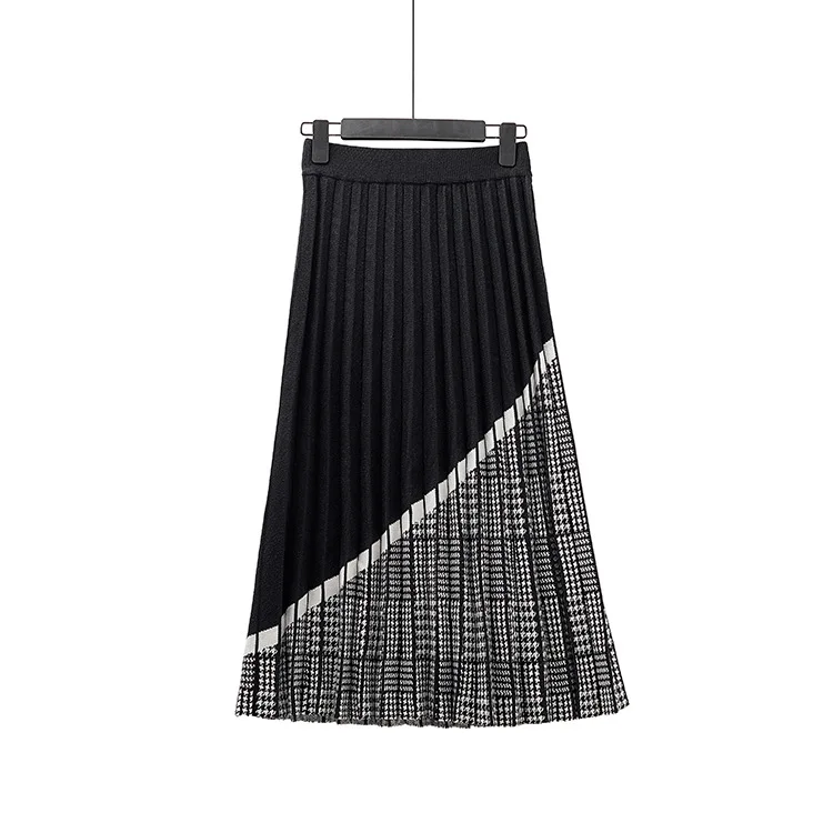 

Wholesale Women's Plus Size High Waist Elastic Long Midi Plaid A Line Pleated Knitted Skirts