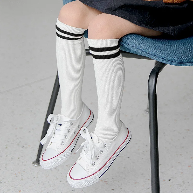 

2021 New Children Socks Striped Knee High Length Black White Gray Student Socks