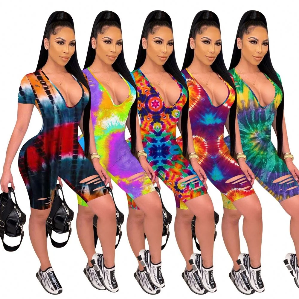 

Oyf8255 Multicolor Tie-Dye Burnt Flower Deep V Sexy Short Sleeved Jumpsuit Women 2021, 5 colors