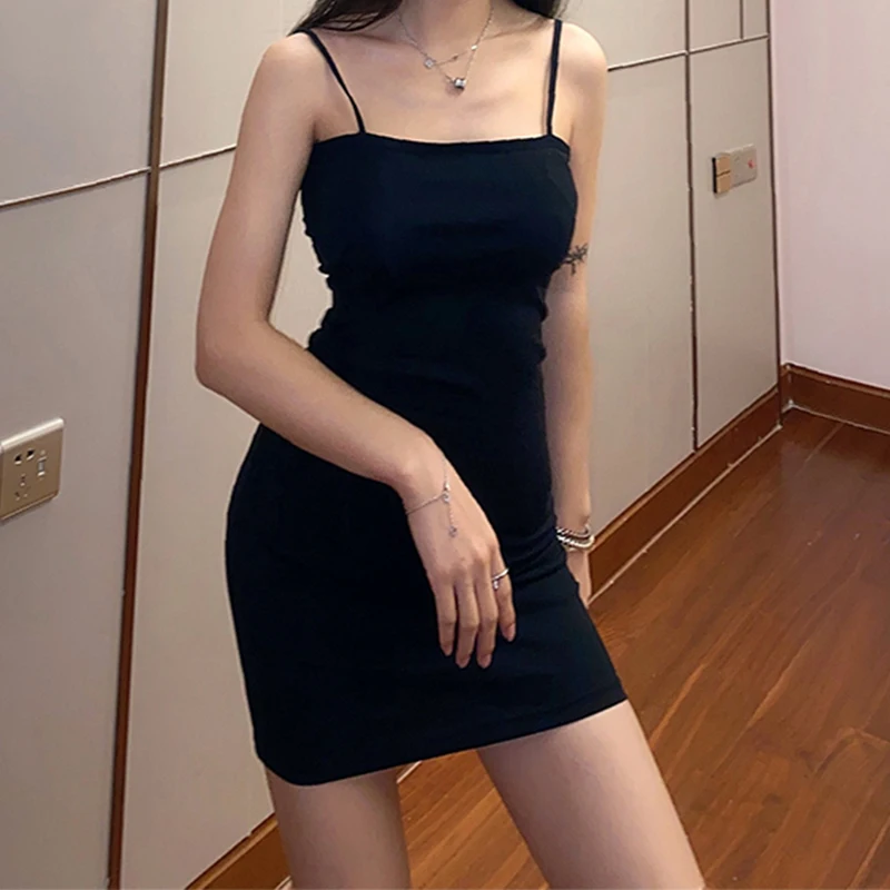 

Fashion Summer Casual Women's Sexy Slim Solid Color Suspender Dress, Black