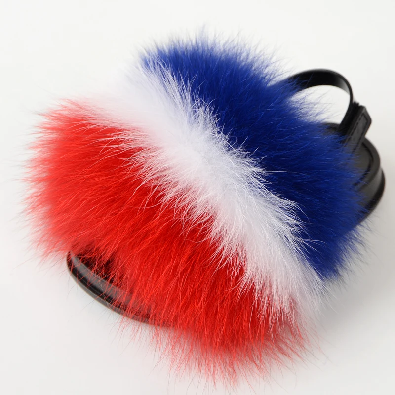 
Multicolor Genuine Super Soft Fox Children Fur Slippers Kids Fur Slides Baby Fur Slippers With Straps 