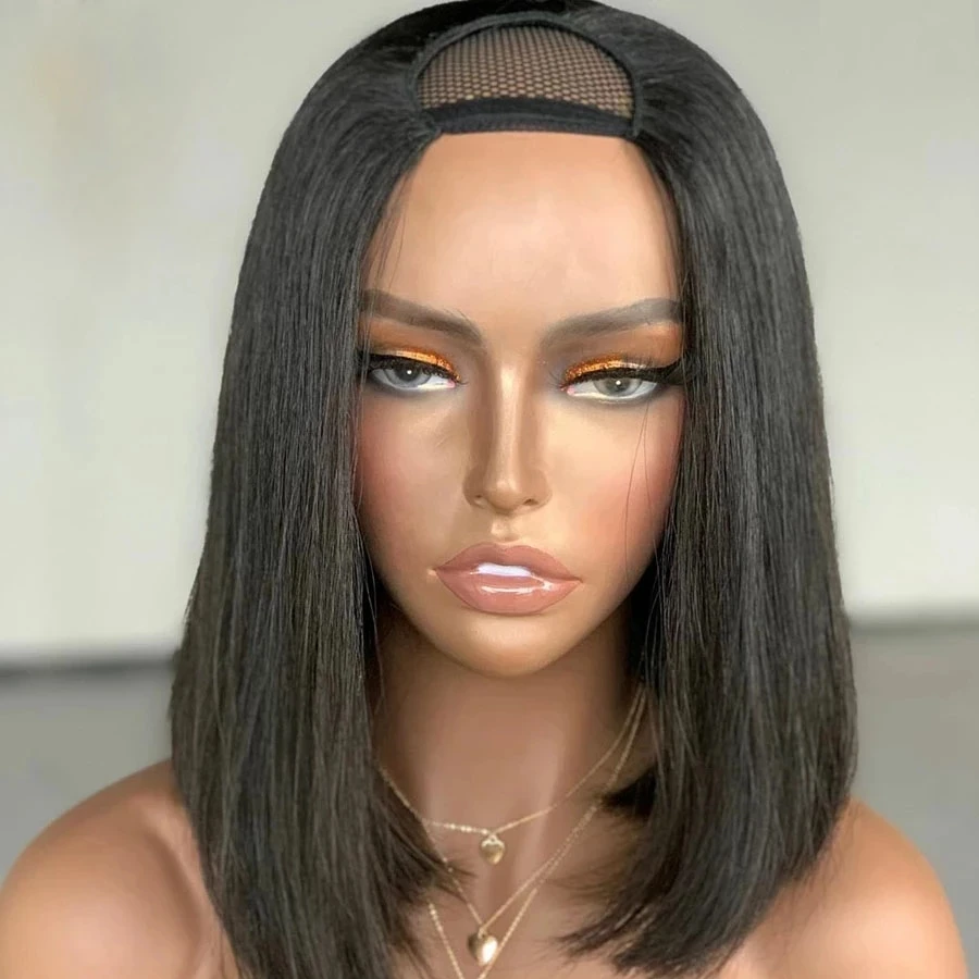 

Natural Black Short Bob Straight Glueles U Part Human Hair Wigs 250 Density Middle Part Remy 4b 4c Virgin Cheap Full End, Natural color lace wig