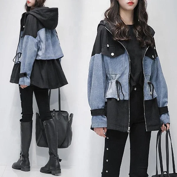 

Women Windbreaker S-5XL Plus Size Jeans Jacket Autumn New Loose Stitching Denim Jacket Winter Women's Jackets Coat, As pictures show