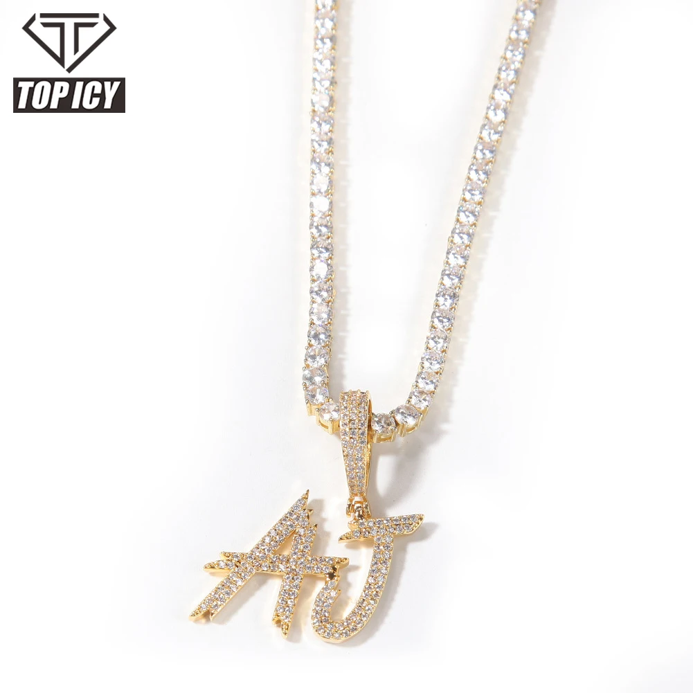CZ Big Size Brush Font Custom Name Letter Necklace Gold Plated Jewelry Personalized Name Hip Hop Iced Out Jewelry
